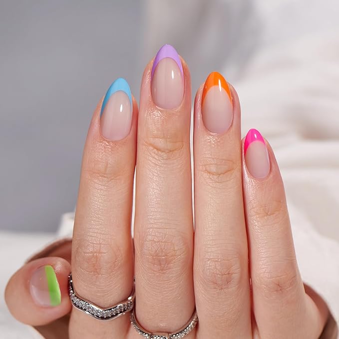 BTArtbox Press On Nails Short - Soft Gel French Tip Press On Nails, Colorful Almond Glue On Nails, Reusable Stick On Nails in 16 Sizes, Neon Rainbow French