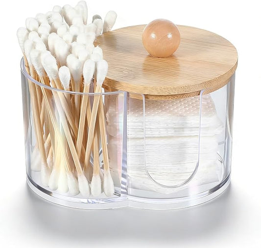 Quilax Cotton Round Holder, Dual Compartment Qtip Dispenser with Removable Dustproof Lid, Clear Plastic Cotton Pad Holder, Countertop Cottons Ball Holders Storage Container