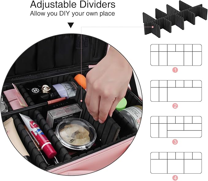 Relavel Makeup Bag Travel Makeup Train Case 13.8 inches Large Cosmetic Case Professional Portable Makeup Brush Holder Organizer and Storage with Adjustable Dividers and Shoulder Strap (Pink)