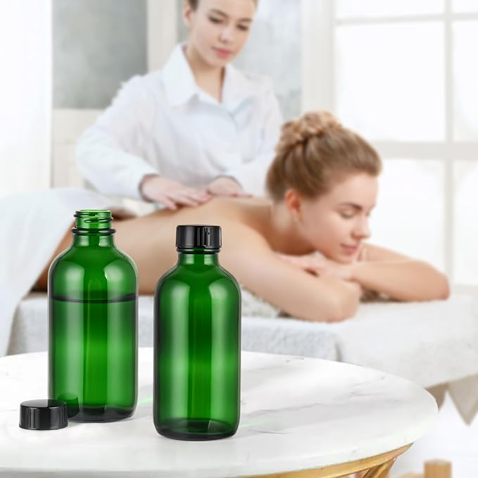 Exlvanto Small Glass Bottles with Lids Boston Round Shot Bottles for Health, Immunity, Ginger Juice, Essential Oils, Potion - Leak Proof Mini Travel Containers (Green UV, 4oz-24Pack)