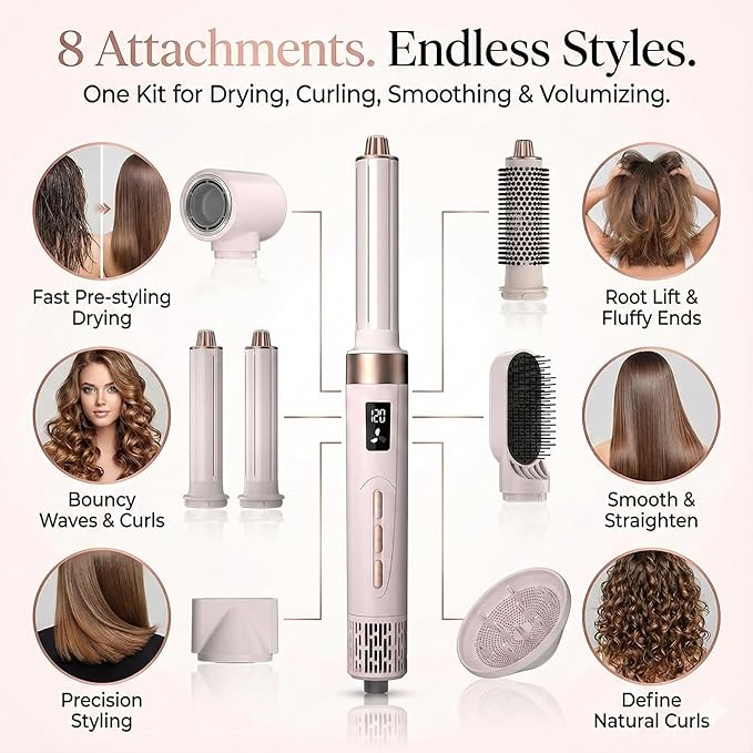 8 in 1 Hot-Air Hair Brushes - Air Wrap Hair Styler & Blow Dryer Brush,Multi Hair Styler for Salon Blowouts, Smooth Curls, Volumizing and Straightening,Gifts for Women，No Heat Damage for All Hair Types