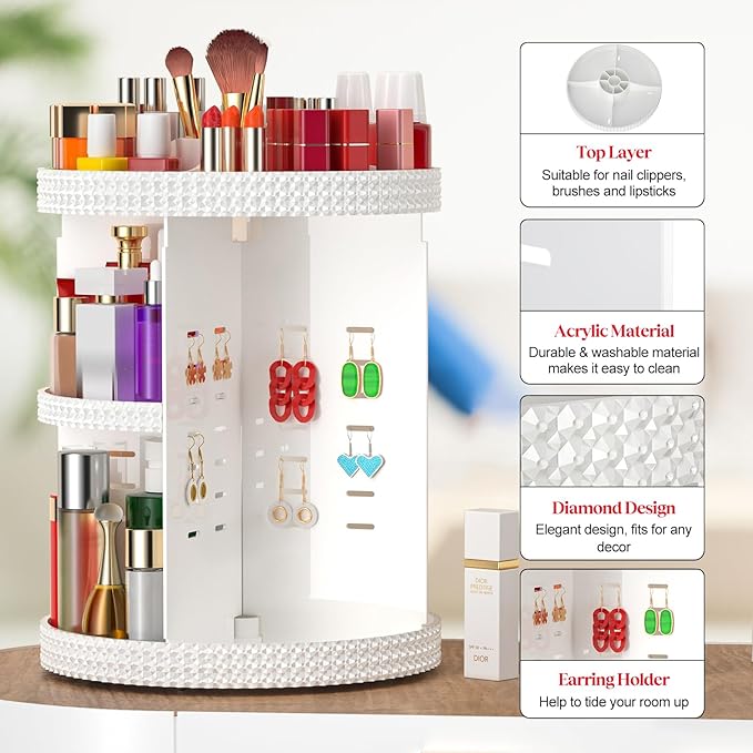 Awenia Makeup Organizer 360-Degree Rotating, Adjustable Makeup Storage, 7 Layers Large Capacity Cosmetic Storage Unit, Fits Different Types of Cosmetics and Accessories, Plus Size(White)