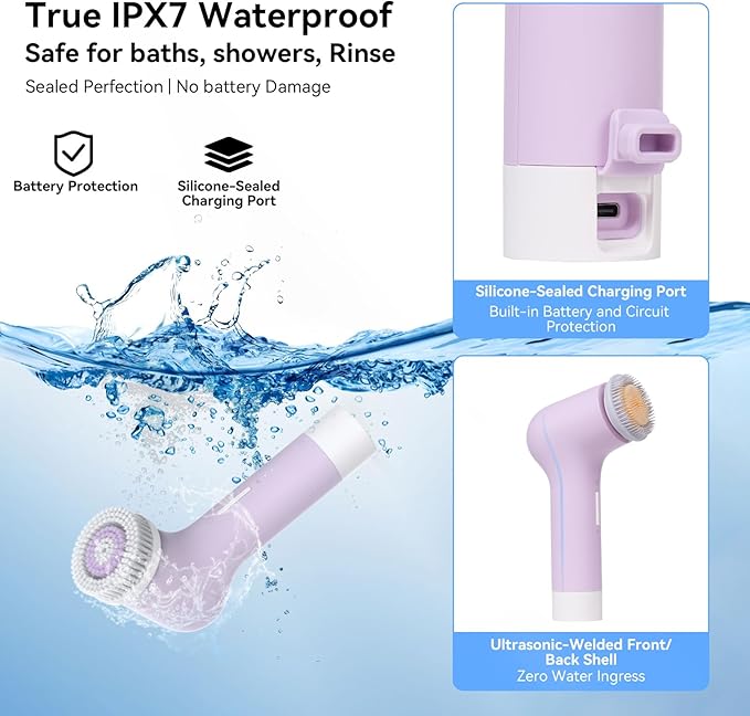 Electric Facial Cleansing Brush, Rechargeable Silicone Face Scrubber exfoliator,3 Speeds,Waterproof, Exfoliating & Massage,for Women & Men Skin Issues,Romantic lavender for Valentine's Day gift