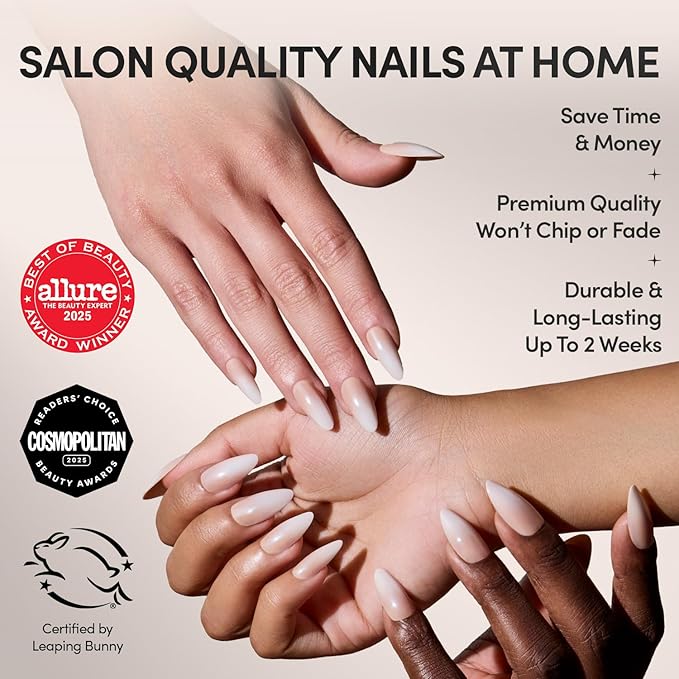 Glamnetic Press On Nails - Frosted Chai | Glazed Medium Almond Nude Fake Nails with Ombré, Salon Quality Neutral Nails | 15 Sizes - 30 Nail Kit with Glue