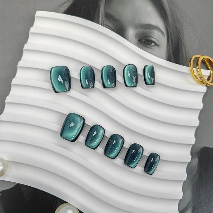 Cat Eye Press on Nails Handmade Short Oval/Square/Round False Nails with French Tip/Aurora/Magnetic Shimmer Designs (Side#Malachite M)