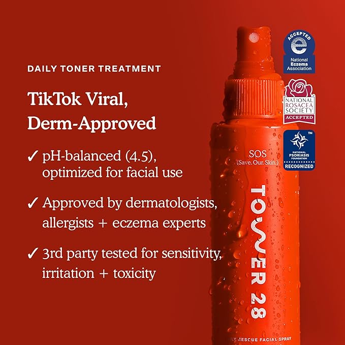 Tower 28 SOS Daily Rescue Facial Spray for Sensitive Skin, Hypochlorous Acid Spray Helps Visibly Reduce the Appearance of Redness and Breakouts, Travel Size Toner for Face, 1 FL Oz