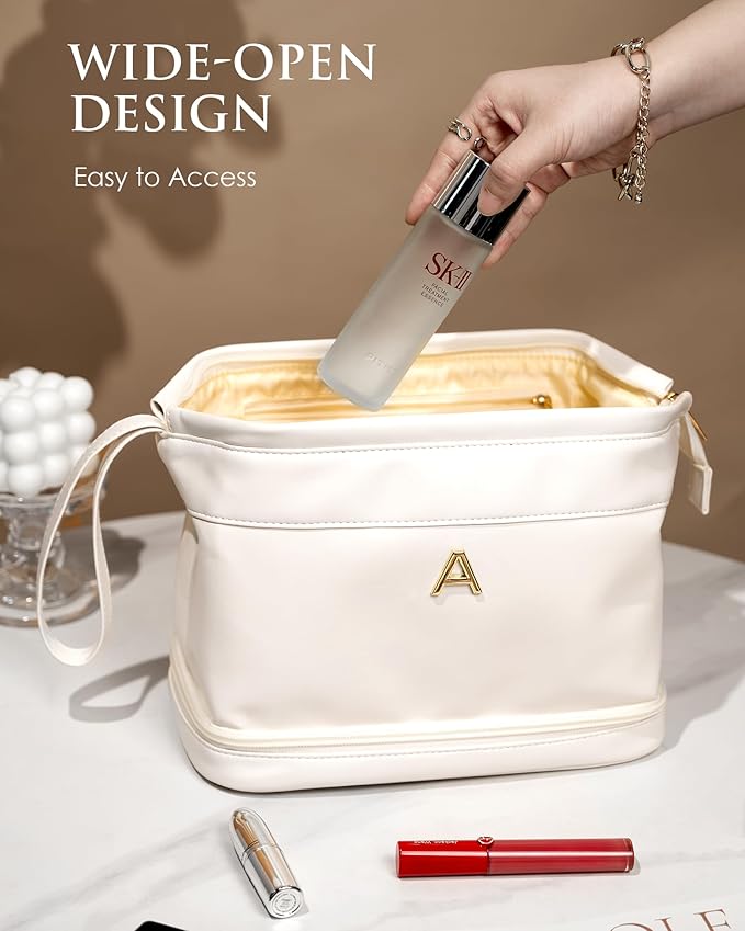 Birthday Gifts for Women, Initial Makeup Bags for Teens Girls, Double Layer Cosmetic Bag with Makeup Brush Organizer, Travel Toiletry Bag, Maid of Honor Gifts-Travel Gift For Female