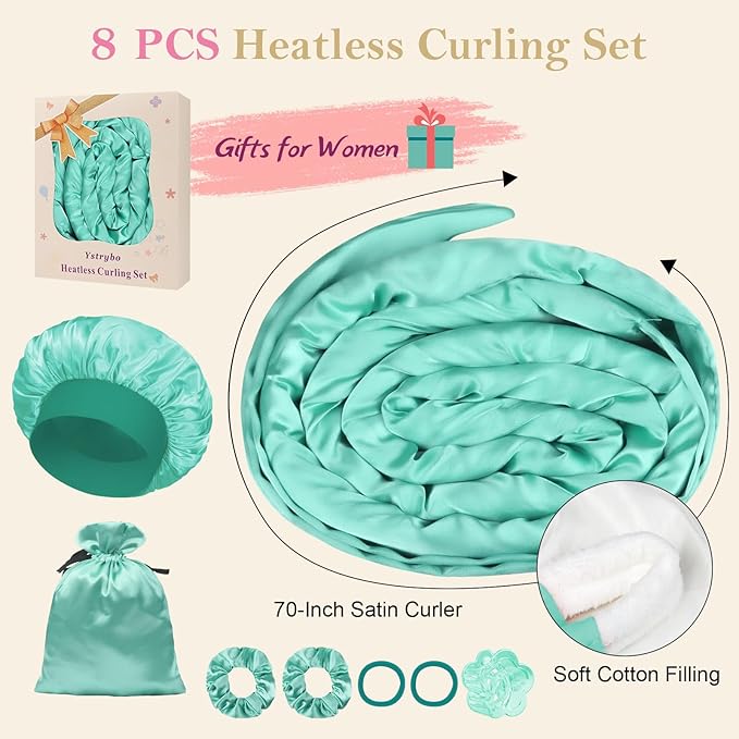 Ystrybo Satin Heatless Hair Curler Curls Overnight Hair Curlers to Sleep in, Hair Curlers No Heat Curls Overnight, Heatless Curling Set for Women Long Hair - 8 Pcs (Green)