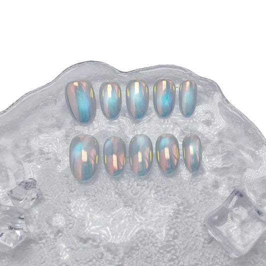 Cat Eye Press on Nails Handmade Short Oval/Square/Round False Nails with French Tip/Aurora/Magnetic Shimmer Designs (Aurora#Bubbles S)