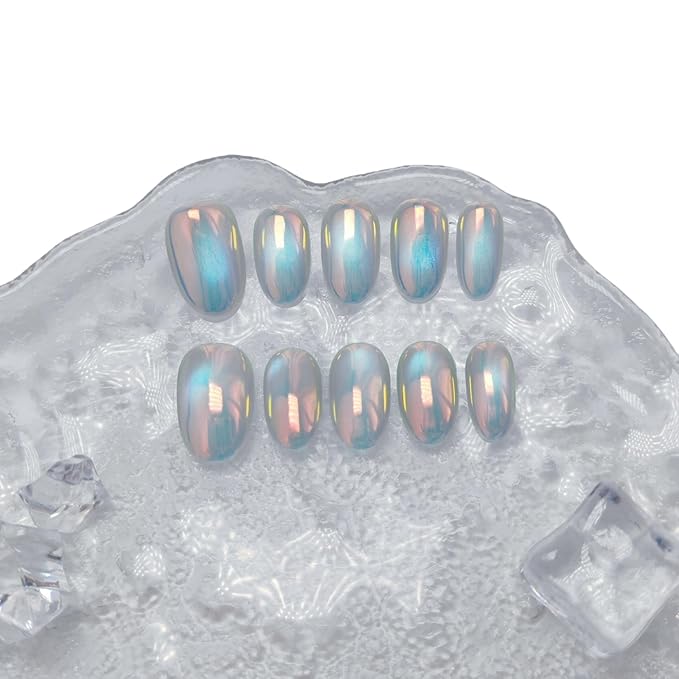 Cat Eye Press on Nails Handmade Short Oval/Square/Round False Nails with French Tip/Aurora/Magnetic Shimmer Designs (Aurora#Bubbles M)