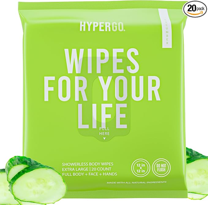 HyperGo XL Body Wipes for Women & Men – 12" x12" Rinse-Free Full Body Cleansing Wipes 20 Count Pack - Cucumber | Biodegradable, Hypoallergenic, Aloe-Infused | Gym, Festival, Camping Essentials