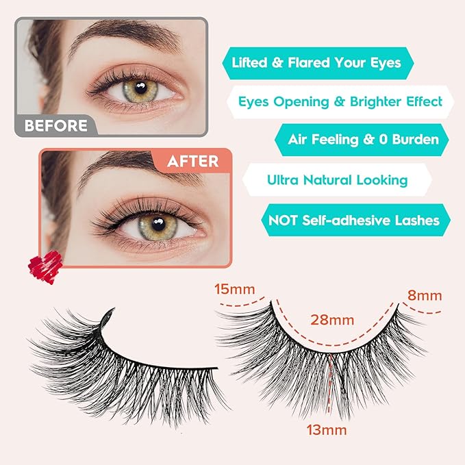 Cat Eye Lashes - Natural 15mm Wispy False Eyelashes, Thin Band, 3D Volume, Curly, 7 Pair Pack