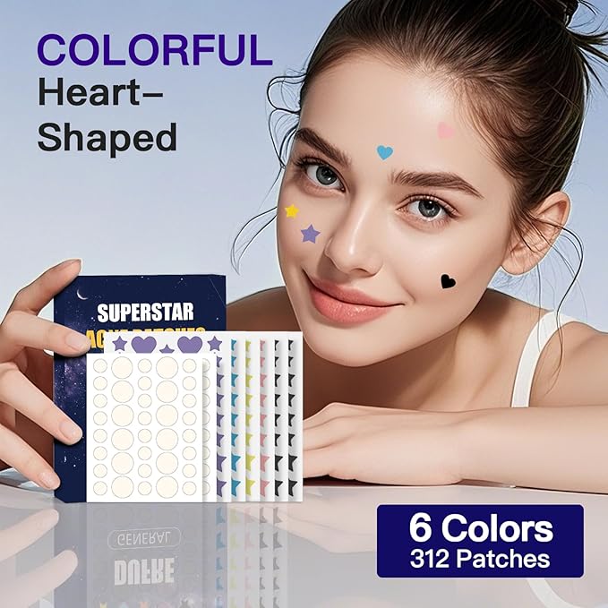 312CT Star Pimple Patches for Face Hydrocolloid Mighty Patch Star&Invisible Acne Patches,5Sizes 6Colors Cute Stickers Acne Pads Parches Acne For Body,Chin,Forehead,Full Face Zit Patch Acne Dots