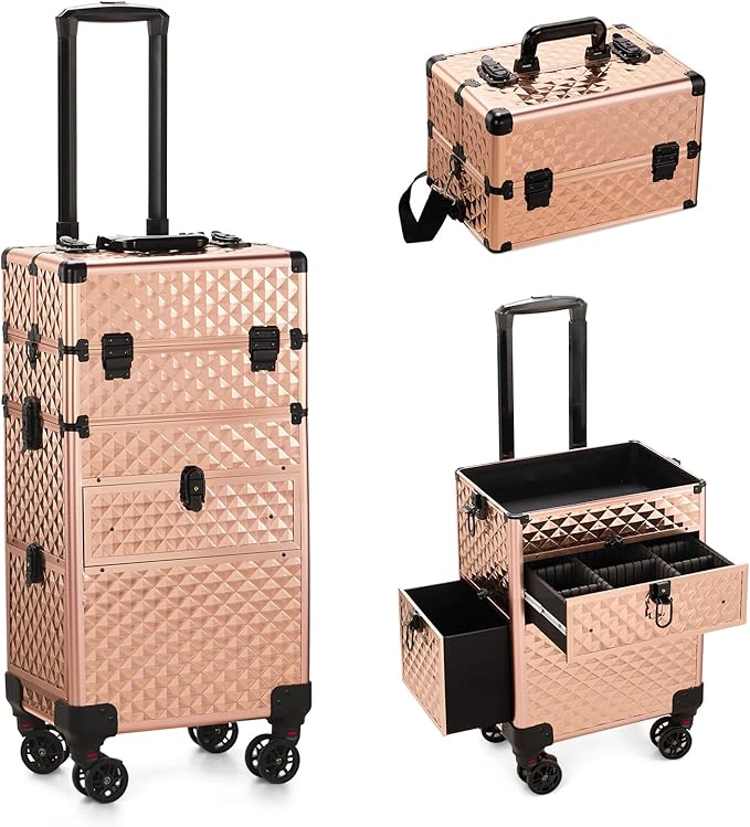 Karl home Rolling Makeup Case with Wheels & 2 Drawers, 3 in 1 Large Capacity Trolley Makeup Travel Case, Professional Cosmetology Lockable Travel Cosmetic Storage Train Cases, Champagne Gold