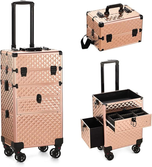 Karl home Rolling Makeup Case with Wheels & 2 Drawers, 3 in 1 Large Capacity Trolley Makeup Travel Case, Professional Cosmetology Lockable Travel Cosmetic Storage Train Cases, Champagne Gold
