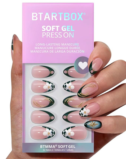 BTArtbox French Tip Press On Nails - Green Romance, Short Almond Press On Nails with Glue and Adhesive Tabs for Women in 16 Sizes - 32 Soft Gel Glue On Nails Kit