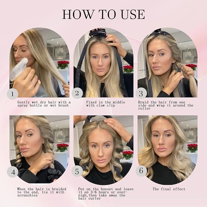 Hroevc No Heat Overnight Curls with Double Layer Satin Bonnet - Soft Hair Curlers to Sleep In, heatless Curling Rods Set + Silk Bonnet for Women & Girls Long Hair, Heatless Waves & Volume (Pink)