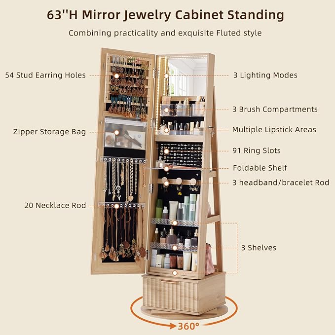 Fluted 360° Swivel Jewelry Armoire Cabinet Standing with Full Length Mirror, Lockable Jewelry Organizers and Drawer Storage with 3 Color LED Lights & Interior Mirror Rear Storage Shelves