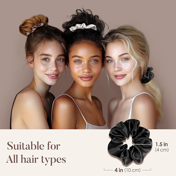 LULUSILK Silk Scrunchies for Hair Sleep, 100% Real Mulberry Silk, No Damage Hair Ties for Women and Girls, Black White and Light Brown, Pack of 3