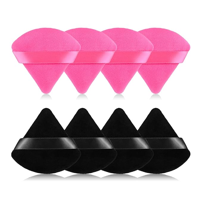 RAREIUS 8pcs Triangular Powder Puff Face Soft Velvet Makeup Puff for Loose Powder Body Powder Makeup Sponge for Contouring Wet Dry Foundation Blender Sponge Beauty Makeup Tool.(Black&Rose Red)