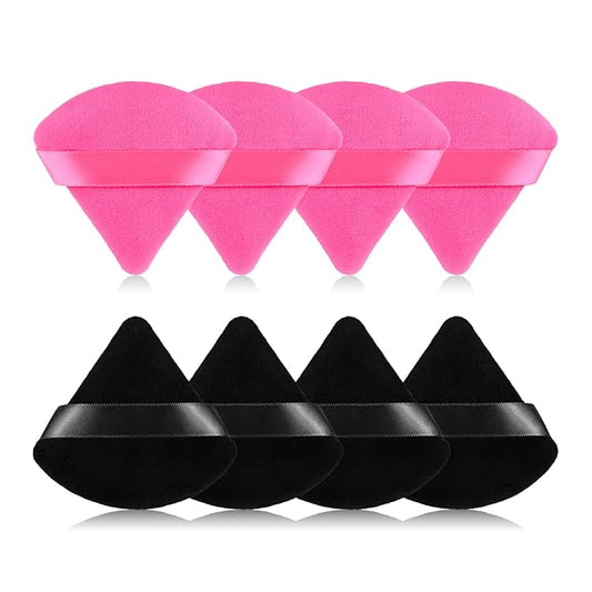 RAREIUS 8pcs Triangular Powder Puff Face Soft Velvet Makeup Puff for Loose Powder Body Powder Makeup Sponge for Contouring Wet Dry Foundation Blender Sponge Beauty Makeup Tool.(Black&Rose Red)
