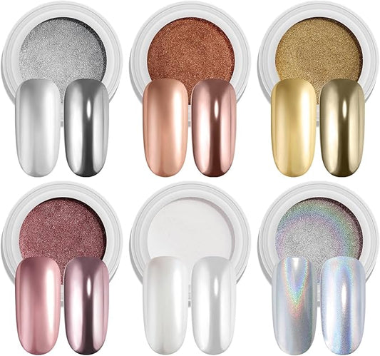 SUTOKAKA 6 Jars Chrome Nail Powder Iridescent Aurora Metallic Mirror Effect Nail Chrome Glitter Pearlescent Mermaid Pigment Rub on Dust for Manicure Home Salon