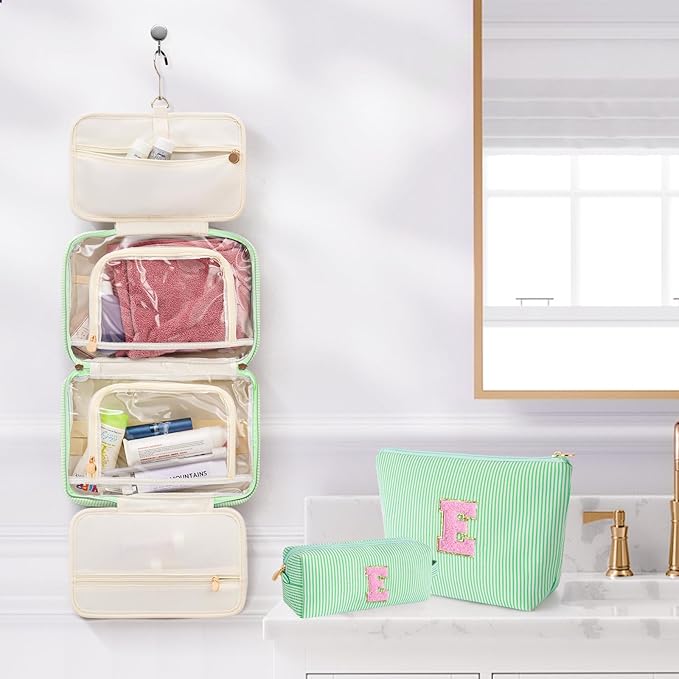 Initial Toiletry Bag for Women - Monogram Cute Makeup Bags Cosmetic Toiletry Pouch Make Up Case for Women Her Friend Friendship Sister Teacher - Green E