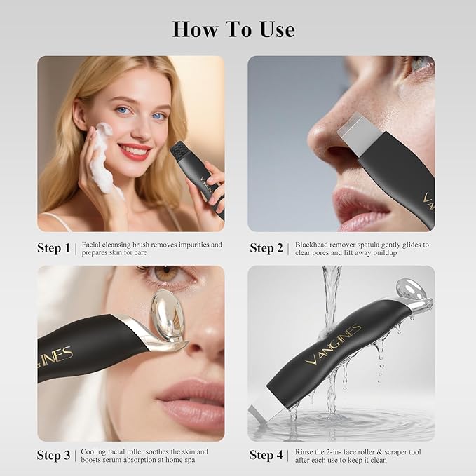 Vangines Blackhead Scraper Tool & Skin Scrubber Face Spatula for Blackhead Removal, Pore Cleaning, with Cooling Ice Roller & 2 Silicone Brush Heads (Charcoal Black)