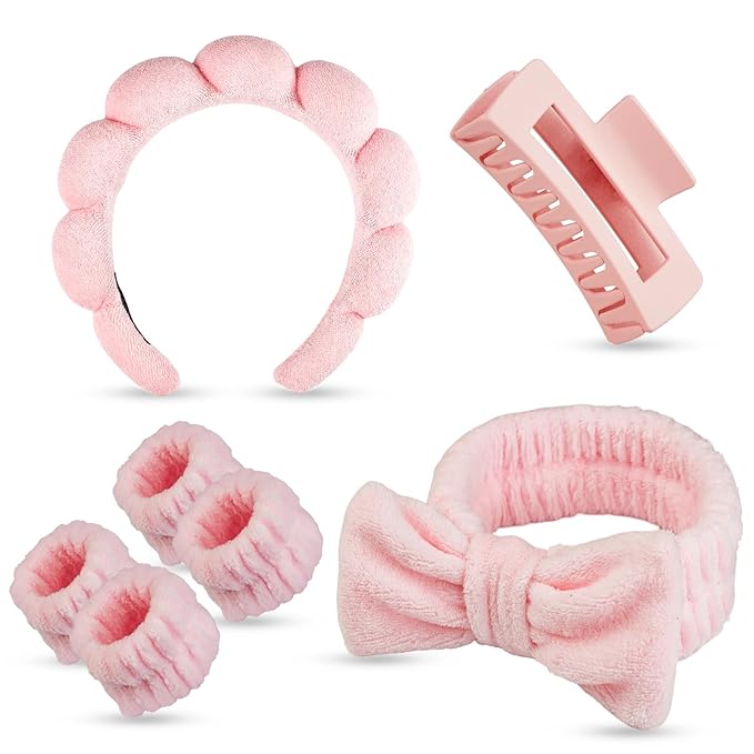 Yaqulen 7 Pcs Spa Set, Facial Headband and Wristband Set, Skincare Accessories, College Style Girl Idea Gifts, Hair Accessories for Women and Girls (Pink)