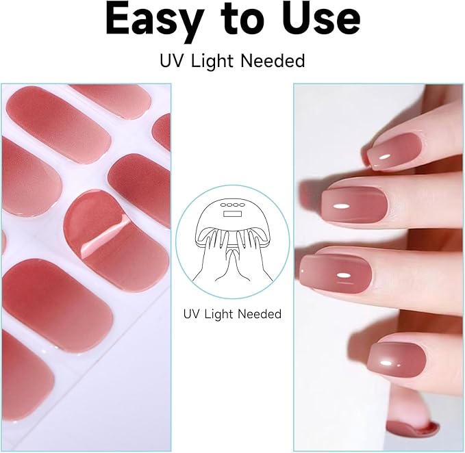 DUKASOU Semi Cured Gel Nail Strips, 56Pcs Nail Art Stickers/Wraps, Long Lasting UV Nail Polish Strips for Adults(Gold Peach Red+Gradient Pink)