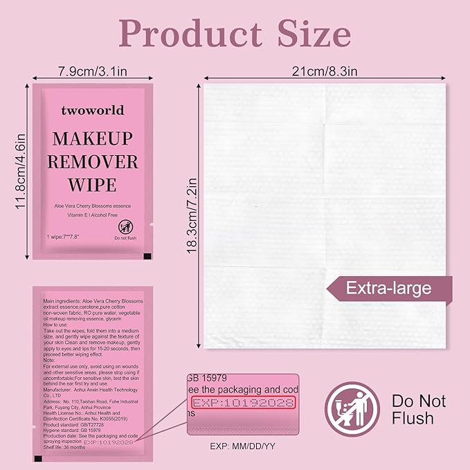 Twoworld Makeup Remover Wipes Bulk Individually Wrapped,Travel Makeup Wipes Gentle for Face Cleansing Mascara Lipstick Travel Hotel(Aloe Vera & Cherry Blossoms,Pack of 100)