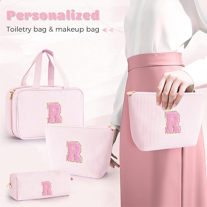 Initial Toiletry Bag Makeup Bag for Girls,Travel Cosmetic Bag with Small Makeup Brush Bag Personalized Wife Friend Gifts Makeup Birthday Gifts for Women Her - Pink R