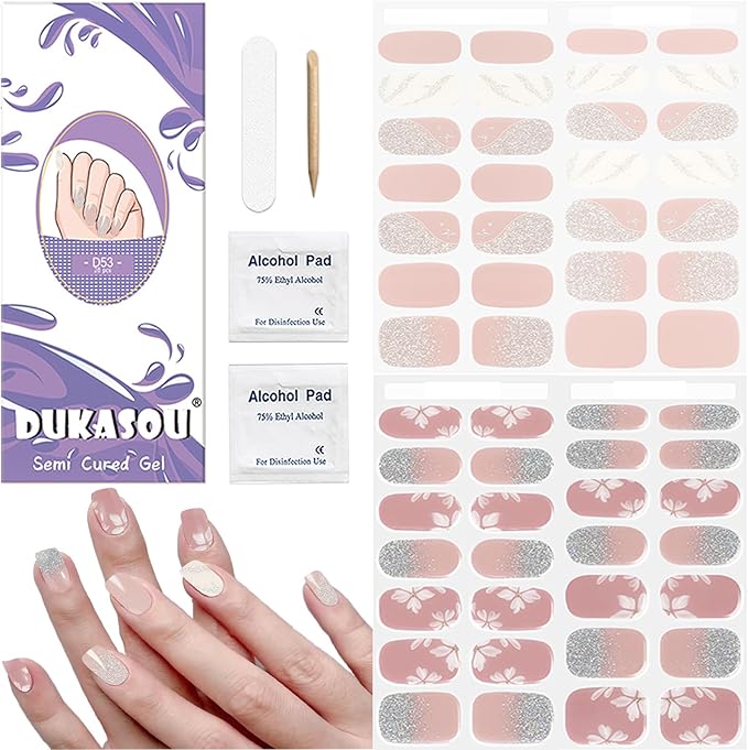 DUKASOU Semi Cured Gel Nail Strips, 56Pcs Nail Art Stickers/Wraps, Long Lasting UV Nail Polish Strips for Adults(Pink Flowers)