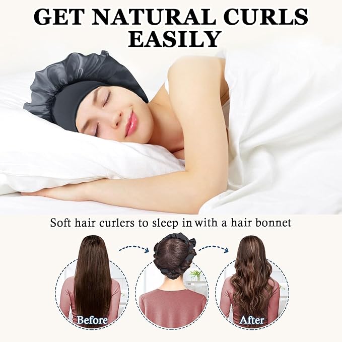 Gwabee No Heat Overnight Hair Curlers Headband, 70" Soft Ribbon Curl Wrap for Long Hair - 9 PCS Curling Rods Set - Grey
