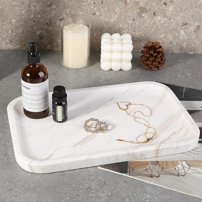 Karibiber Marble Vanity Tray, Marble Bathroom Tray Countertop, Decorative Trays for Dresser Organizer, White Stone Storage Serving Trays for Kitchen, Perfume, Jewelry Cathall Holder