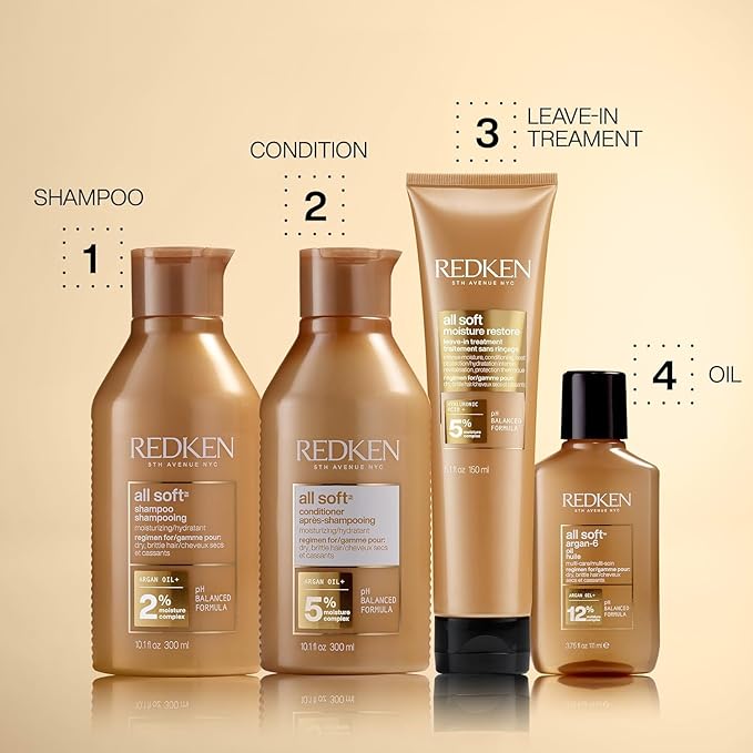 Redken All Soft Shampoo - Moisturizes & Hydrates Dry, Brittle Hair, Gently Cleanses and Softens, With Argan Oil, Safe For Color-Treated Hair, 1.7 Fl Oz