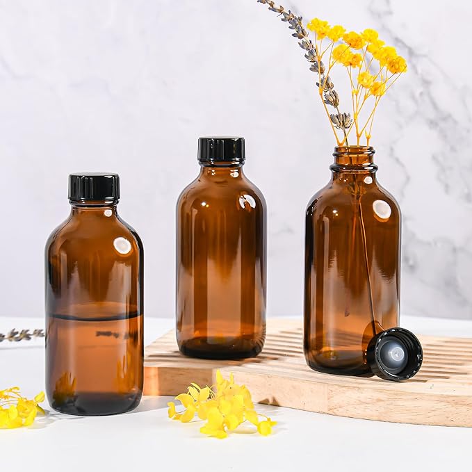 Exlvanto Small Glass Bottles with Lids Boston Round Shot Bottles for Health, Immunity, Ginger Juice, Essential Oils, Potion - Leak Proof Mini Travel Containers (Amber UV, 4oz-12Pack)