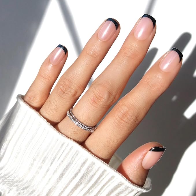 Glamnetic Press On Nails - Squid Ink | Short Squoval Black French Tip Fake Nails, Salon Quality French Manicure | 15 Sizes - 30 Nail Kit with Glue