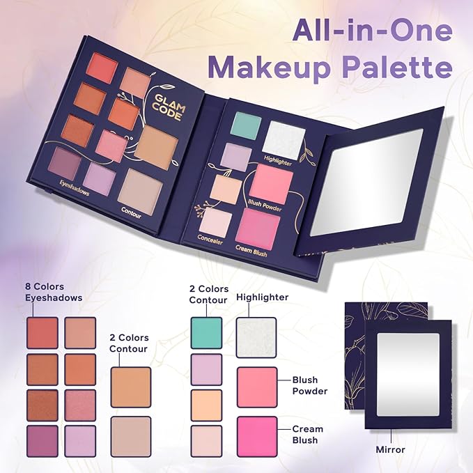 Glam Code Makeup Palette for Face, All in One Cosmetics Pallet for Women & Girls, Travel Size Make Up Palette Includes Eyeshadow, blush, Highlighter, Contour Powder, Concealer & Mirror, 03