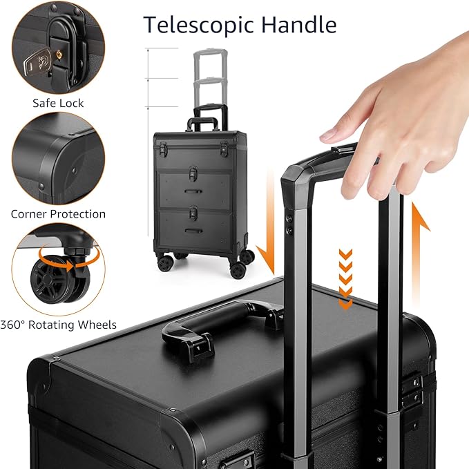 Yokilly Rolling Makeup Train Case, Professional Cosmetology Case on Wheels, Aluminum Cosmetic Trolley Travelling Cart Trunk with Swivel Wheels, Sliding Drawer & Keys for Nail Technician Stylist(Black)