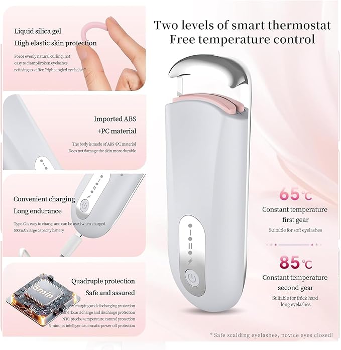 Hsenowi Heated Eyelash Curler for Natural Lashes 2-Level Adjustable Temperature Mini Electric Lash Curler Fast 3-Second Heat Up 24 Hours Long-Lasting Curl