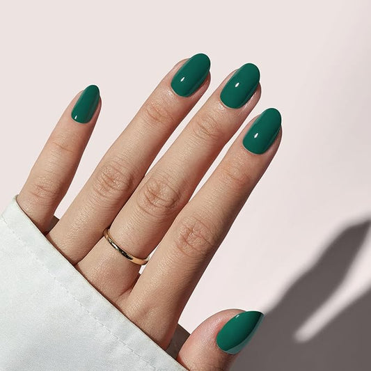 BTArtbox Press On Nails Short - Dark Green Press on Nails, Short Oval Fake Nails with Nail Glue, Natural Reusable Stick on Nails in 16 Sizes Soft Gel Nail Kit, Pine Needle