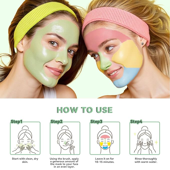 ANRCOLLECT 4Pcs Clay Mask Set, Kaolin Facial Spa Kit for Pore Cleansing & Glowing, Hydrating Mud Cream Wash-Off Mask for All Skin Types, Women and Men (70g*4+Brush), Teen Girl Gifts