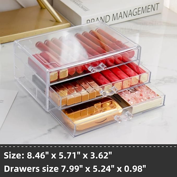 Feadily 1PCS Acrylic Jewelry Organizer Box, Jewelry Drawer Organizer With 3 Drawers, Nail Art Decoration Storage Box, Clear