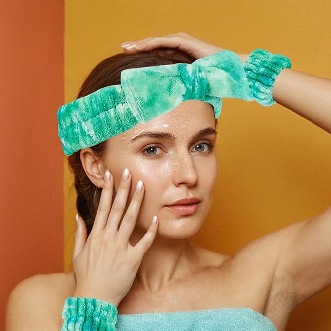 Yaqulen 7 Pcs Spa Set, Facial Headband and Wristband Set, Skincare Accessories, College Style Girl Idea Gifts, Hair Accessories for Women and Girls (Tie Dye Green