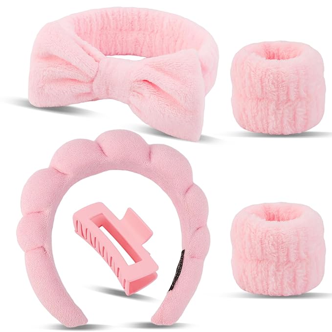 Canitor Spa Headband Wrist Bands Set with Hair Clips Skincare for Washing Face Skin Care Makeup Preppy Tween Teen Girl Gifts Cute Trendy Stuff Hair Accessories for Women (pink)
