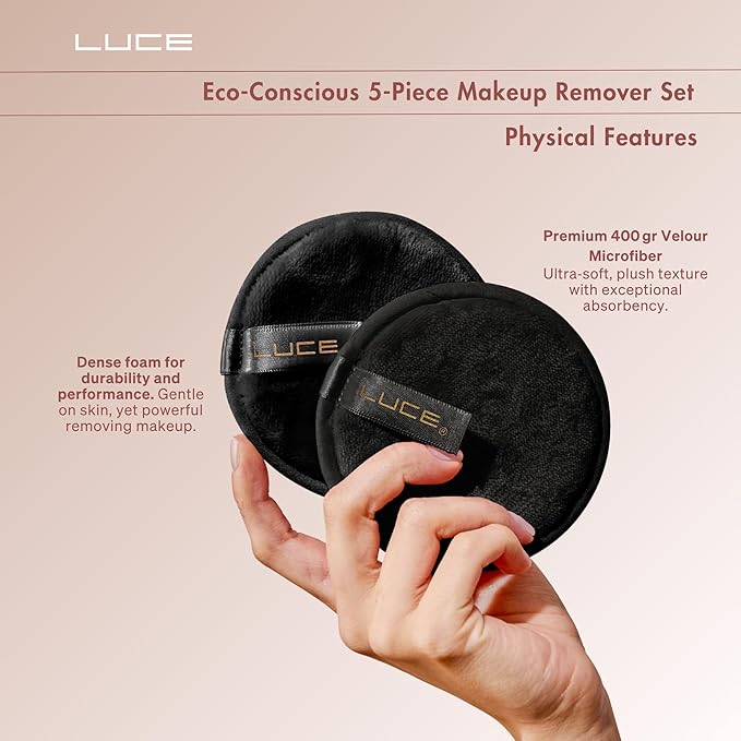 LUCE Lazy Eraser Makeup Remover Pads - Reusable Makeup Remover Pads (Black, 5-Pack)