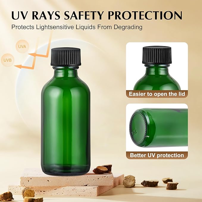 Exlvanto Small Glass Bottles with Lids Boston Round Shot Bottles for Health, Immunity, Ginger Juice, Essential Oils, Potion - Leak Proof Mini Travel Containers (Green UV, 2oz-24Pack)