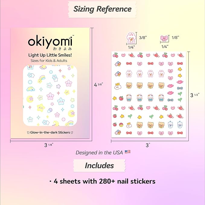 4 Sheets of 3D Nail Stickers - 289 Cute Nail Decals - Embossed Nail Stickers for Kids | Kawaii Theme - Butterfly, Flowers, Stars, Fruits, Bunny, Bears | Glow in The Dark
