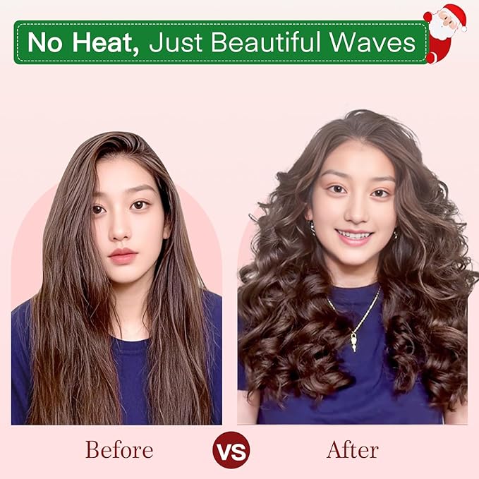 Gwabee 10 PCS Christmas Heatless Curls Overnight Hair Curler, 70" Overnight Curls Hair Curlers to Sleep In with Bonnet for Women Long Hair Volume, Heatless Curling DIY Set - Red